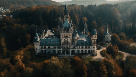 An aerial view of a majestic castle nestled amongst a vibrant autumn forest, showing its stunning architecture and the beauty of the changing seasons.の写真素材