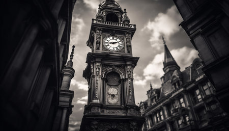 A low-angle black and white photograph of a towering clock tower in an urban setting.