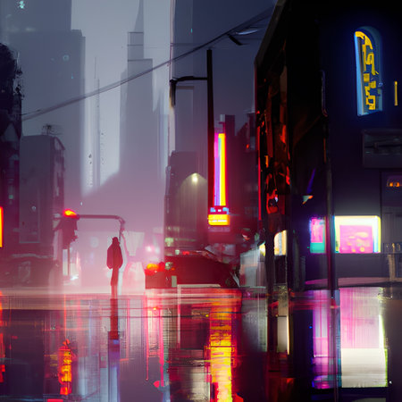 A solitary figure stands in a wet city street, illuminated by neon lights reflecting off the puddles.の写真素材