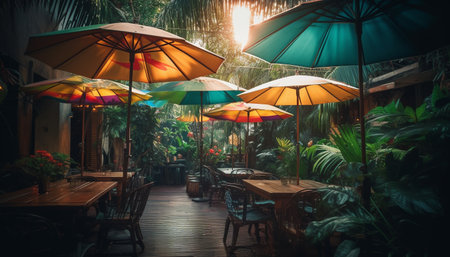 A serene cafe setting in a tropical garden, featuring colorful umbrellas, wooden tables and chairs, and lush greenery. The warm sunlight creates a relaxing and inviting atmosphere.の写真素材