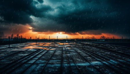 A dramatic sunset with rain falling on a rooftop, creating a moody and atmospheric scene. The sky is filled with dark, storm clouds, while the setting sun casts an orange glow on the horizon. The raindrops create a wet and glistening surface, reflecting the light.の写真素材