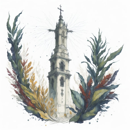 A beautiful watercolor painting of an ornate church tower with a cross on top, surrounded by greenery and leaves.の写真素材