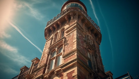 A classic lighthouse tower against a clear blue sky, with intricate brickwork and architectural details.の写真素材