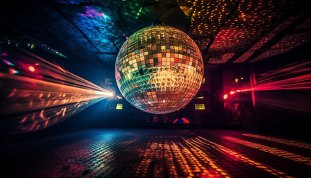 A disco ball in a nightclub, with laser lights and beams creating a colorful and energetic atmosphere.の写真素材
