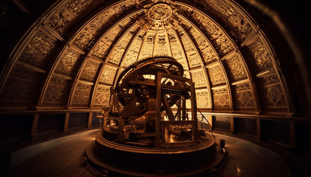 A vintage telescope sits within a beautifully ornate observatory, its intricately details reflecting the grandeur of scientific exploration.の写真素材