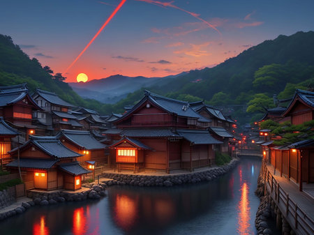 A captivating scene of a Japanese village at dusk, with traditional architecture and a serene river reflecting the golden light of the setting sun.の写真素材