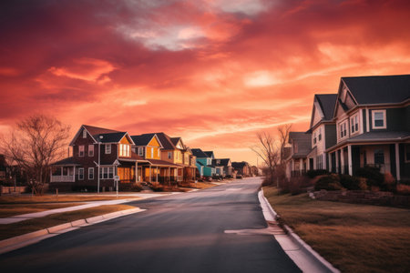 A peaceful suburban street at sunset with colorful houses and a beautiful skyの写真素材