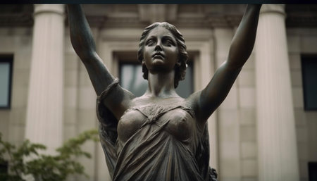 Close-up shot of a bronze statue of a woman with her arms raised, in front of a classic building, symbolizing strength and powerの写真素材