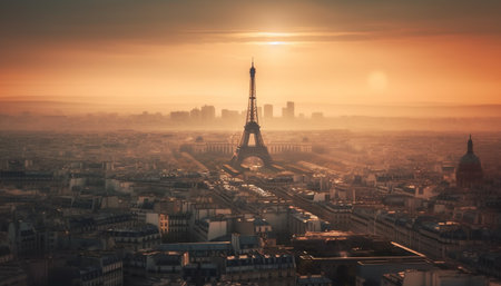 Aerial view of the Eiffel Tower in Paris, France during sunrise with a golden, orange and yellow sky.の写真素材