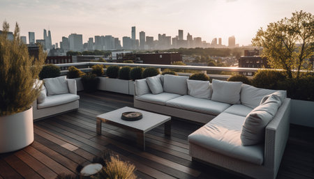 A luxurious rooftop terrace with stunning city views, featuring comfortable outdoor furniture and...