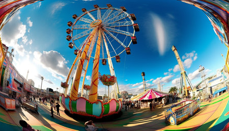 A Ferris wheel towers over the brightly colored amusement park, with a vibrant blue sky and fluffy...