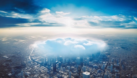 An aerial shot of a city, with a big cloud formation casting a shadow over a portion of the city. The view is taken from a high altitude, offering a broad perspective of the urban landscape.の写真素材