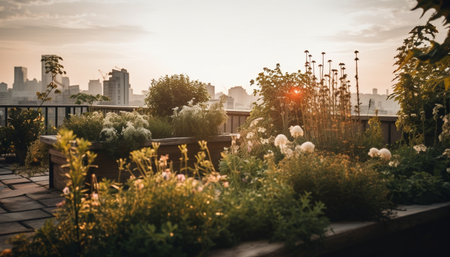 A peaceful rooftop garden amidst the city, bathed in the soft glow of sunrise. The lush greenery and blooming flowers create a tranquil oasis against the backdrop of towering buildings.の写真素材