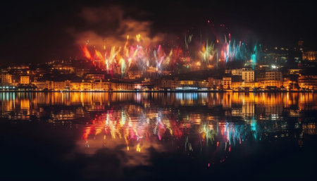 A dazzling fireworks display over a cityscape, reflected in the calm water below.