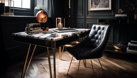 A modern and stylish home office interior with a black leather tufted chair, a marble desk with gold accents, and a globe on the side.の写真素材