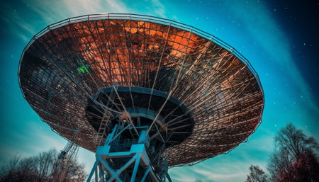 A large radio telescope stands tall under a starry sky, showcasing the beauty of technological advancement and the endless mysteries of the universe.の写真素材