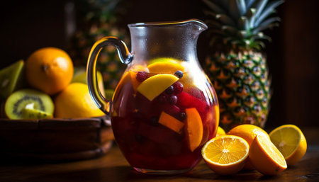 Close up of a pitcher of sangria, filled with fresh fruit and wine, on a wooden table with other fruit scattered around.の写真素材