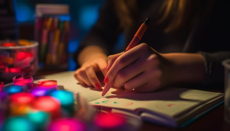 A close-up image of a hand writing in a notebook with a pen. The hand is in focus while the rest of the scene is blurred.の写真素材