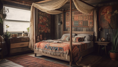 A cozy and inviting bedroom with rustic charm and bohemian decor. The four-poster bed is adorned with a canopy, soft pillows, and warm blankets.の写真素材