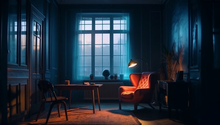 A cozy living room with a comfortable armchair, a wooden table, and a window overlooking a tree. The room is bathed in soft light, creating a relaxing atmosphere.の写真素材