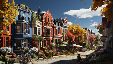A colorful row of houses on a street lined with trees in the fall, showcasing vibrant autumn foliage.の写真素材