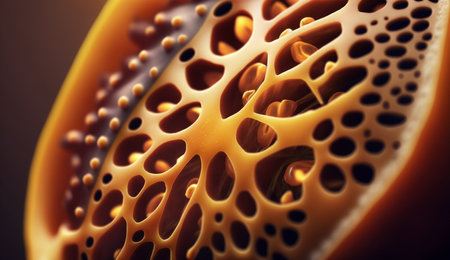 A detailed macro image of a porous organic structure showing its intricate network of interconnected holes.の写真素材