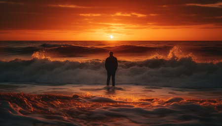 A silhouette of a man standing on a beach at sunset, with the ocean and waves in the background.の写真素材