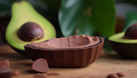 A chocolate avocado filling egg with a creamy chocolate on a wooden table.の写真素材