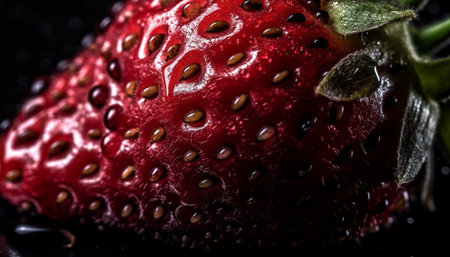 A close-up photo of a ripe strawberry with water drops.の写真素材