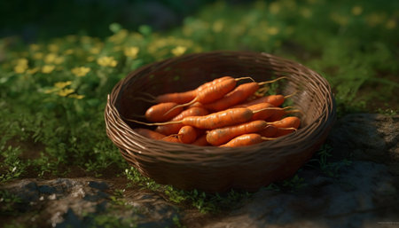 A close up image of a basket full of fresh carrots in a garden setting. The carrots are a vibrant...