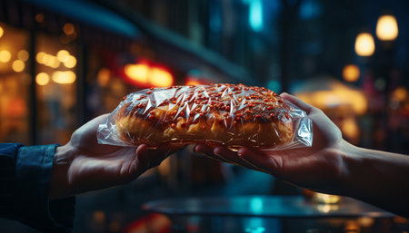 Close-up shot of a hand holding a pastry in a plastic bag with a blurred city background. The pastry...