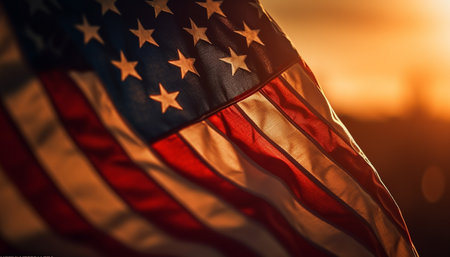 An American flag waving in the wind at sunset, with a warm glow of golden light.の写真素材