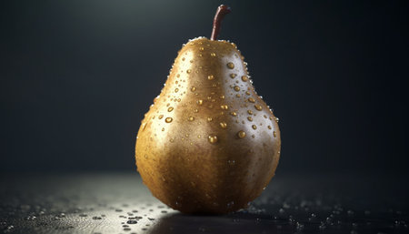 A single pear with water drops on a dark background. The pear is shiny and wet, and the drops of water make it look even more delicious.の写真素材