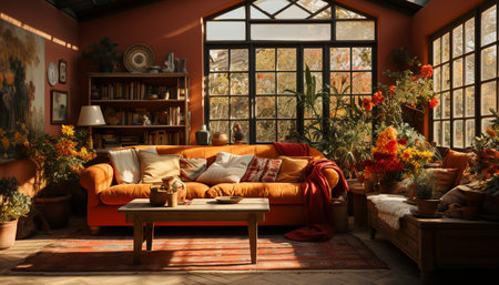 A cozy living room filled with autumnal decor. An orange sofa sits in front of a large window...