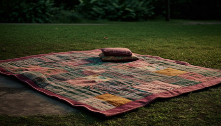 A colorful patchwork picnic blanket laid out on a lush green meadow. The blanket is surrounded by...