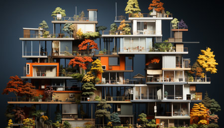 A digital illustration depicting a modern architectural design, showcasing interwoven structures and lush greenery. The image highlights the harmonious integration of nature within urban spaces.の写真素材