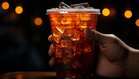 A hand holds a plastic cup filled with iced coffee and ice cubes. The photo is taken in a dimly lit environment.の写真素材