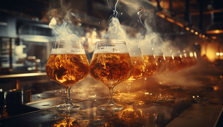 A row of beer glasses with smoky condensation on a bar counter.の写真素材