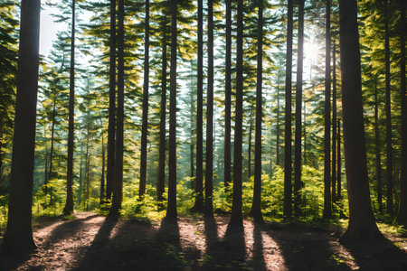 Sunlight beams through a dense forest, casting shadows on the forest floor. The tall trees create a sense of calm and tranquility.の写真素材