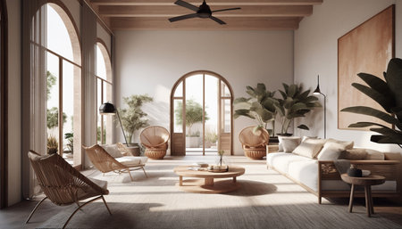 Modern living room interior with minimalist design, featuring a white sofa, wooden furniture, and...