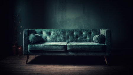 A green velvet sofa sits in the middle of a dark room with wooden floors and soft lighting. It is a well-designed piece of furniture that adds a touch of elegance to the room.の写真素材