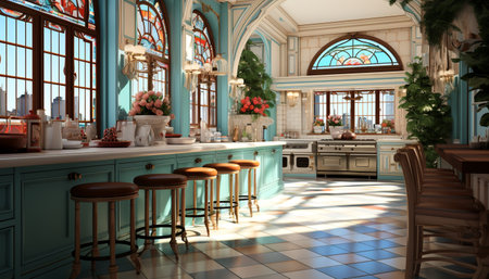 A luxurious kitchen with modern design, featuring stunning city views through large windows. The space is decorated with elegant furniture and warm lighting.の写真素材