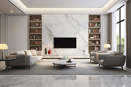 A modern living room interior with a marble wall, a large sofa, two armchairs, a coffee table, a...