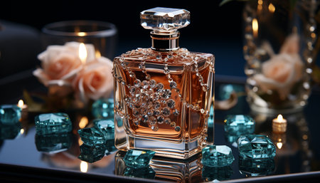 A luxurious perfume bottle adorned with sparkling crystals. It's presented in a still life with a...