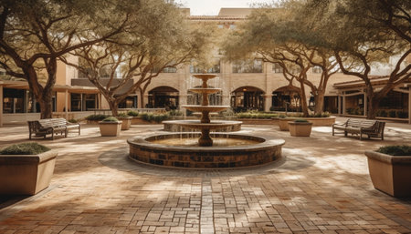 A tranquil courtyard featuring a stone fountain, surrounded by lush greenery and stone benches.