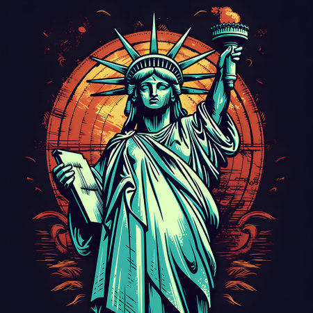 A digital illustration of the Statue of Liberty in a vintage style, symbolizing freedom and America.