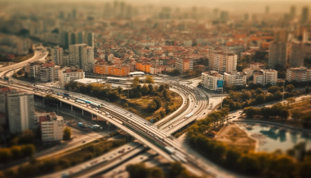 An aerial photograph showcasing a complex network of highways intersecting in a bustling cityscape, creating a captivating perspective of urban sprawl and transportation infrastructure.の写真素材
