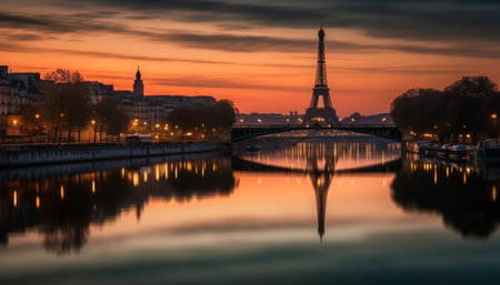 A stunning view of the Eiffel Tower reflected in the Seine River at dawn in Paris. The golden light of the sunrise casts a warm glow over the city.の写真素材