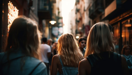 Three women walk down a narrow street in an urban setting.の写真素材