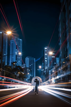 A man stands on a city street at night as cars drive by, creating streaks of light in the long exposure photo.の写真素材